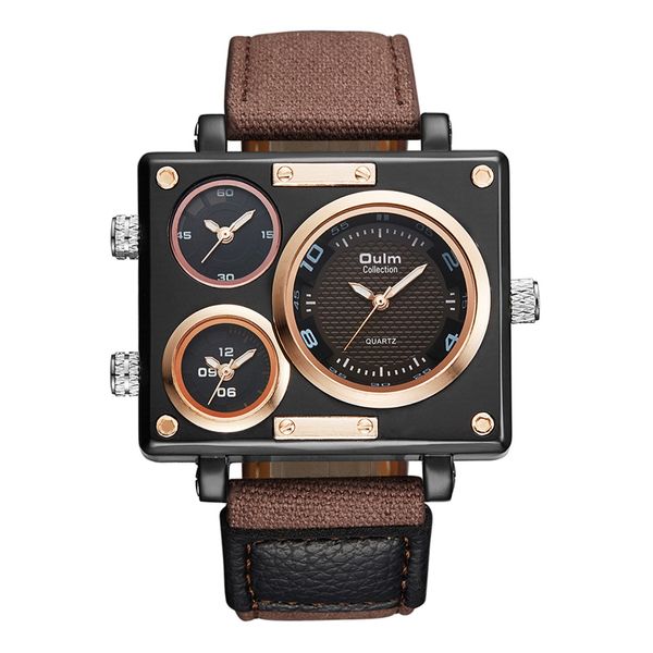 

oulm 3595 fabric strap men's watches three time zone unique quartz watch male outdoor sport casual wristwatch relogio masculino, Slivery;brown