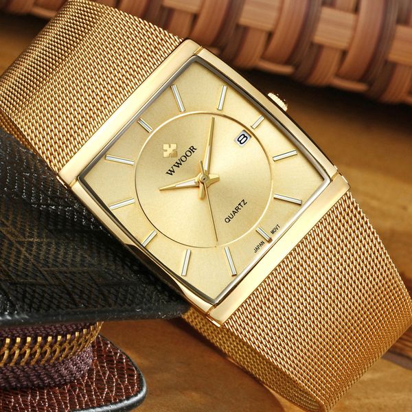 

steel clock stainless waterproof quartz square men's male brand watch wwoor relogio masculino luxury men wristwatch watches gold rgogh, Slivery;brown