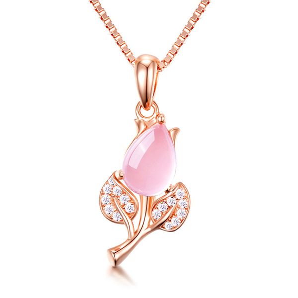 

elegant pink water drop crystal stone pendant necklace fashion rose gold color plated flower leaves women necklace jewelry gifts, Silver