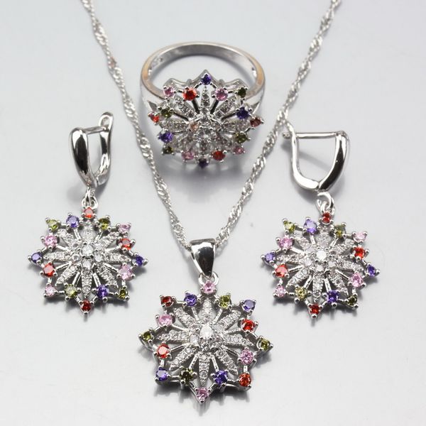 

elegant 6-color snowflake style jewelry sets colorful zircon 925 sterling silver earrings pendant necklace ring size 6/7/8/9/10, Slivery;golden