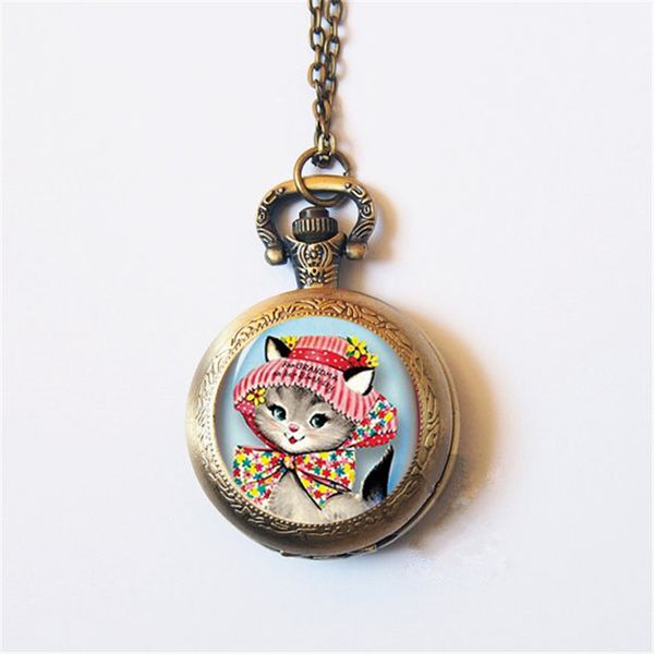 

fashion cute quartz cat pocket watch necklace woman fob watches black round convex lens glass picture, Slivery;golden