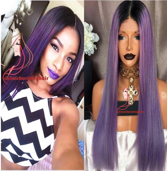 Dark Roots 1b Purple Ombre Full Lace Wigs Human Hair Glueless Wig