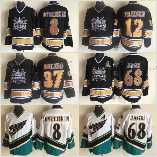 

washington capitals 8 alex ovechkin 68 jaromir jagr 37 kolzig 12 jeff friesen black white 100% stitched 1990 hockey jerseys, Black;red