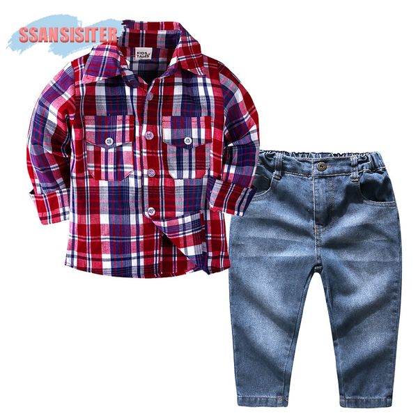 

2pcs/sets baby boys clothes set long sleeve plaid gentleman suit for boys children cowboy pants cotton costume for kids suits, White