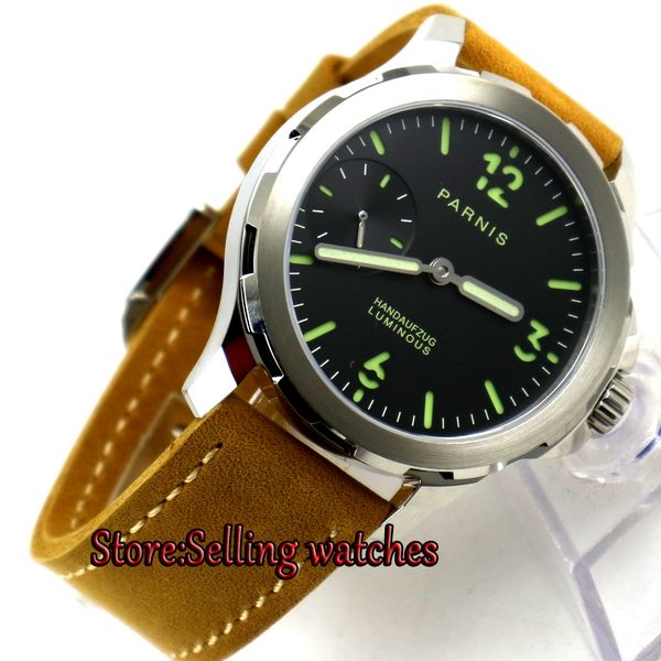 

44mm black dial luminous mark sapphire glass 6497 hand winding mens watch, Slivery;brown