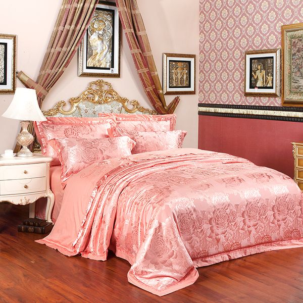 

2018 noble flowers light pink bedlinens silk cotton blend bedding set jacquard  king duvet cover set sheet pillowcases