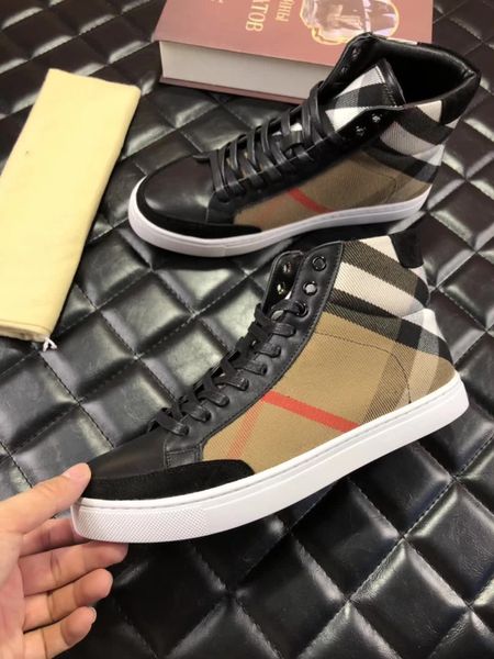 

luxury brands men's casual classic grid high-shoes and classic leather stitching design two styles,warm and comfortable ankle, Black