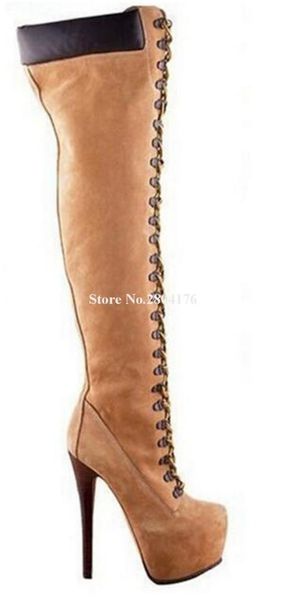 

women round toe lace-up suede leather over knee high platform boots brand thigh long high heel boots club party shoes, Black