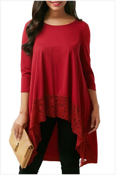 

new style women's 3/4sleeve lace t-shirt comfortable loose casual t-shirt blouse asymmetric bohemia blouse s- black red, White