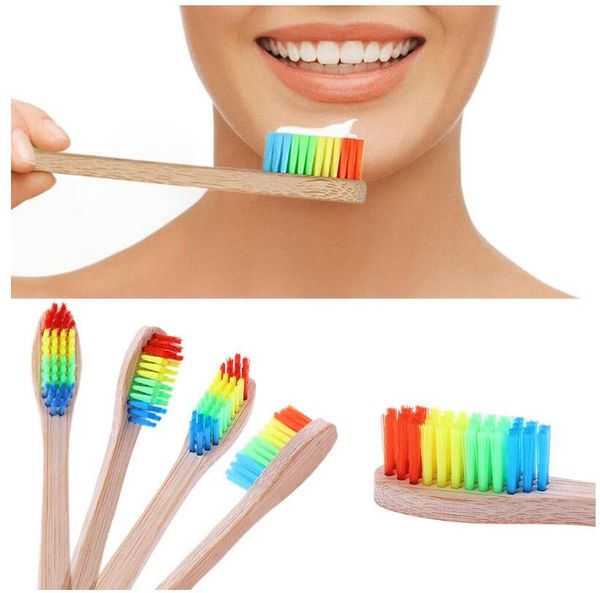 Spazzolino da denti in bambù naturale Spazzolino da denti a setole morbide Testina piccola per igiene orale Manico in legno Spazzole color arcobaleno