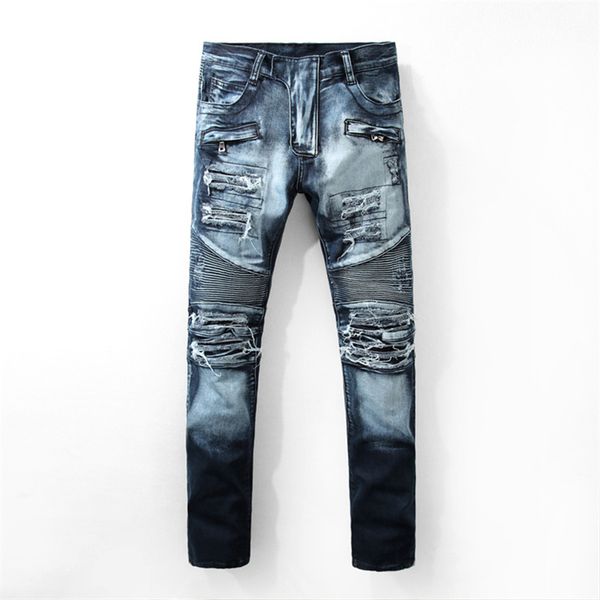 

balmain mens jeans designer jeans motorcycle moto biker hole slim mens fashion brand distressed ture pants hip hop men biker jeans, Blue