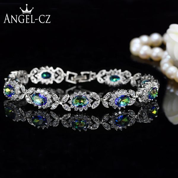 

angelcz vintage jewelry mystical blue crystal 925 sterling silver women floral charm bracelet with cubic zircon stone ab024, Black