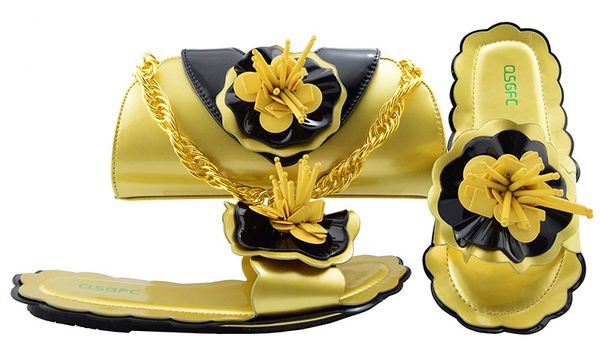 

Hot sale gold low heel 0.5CM sandals with flower decoration african shoes match handbag set for dress MM1053