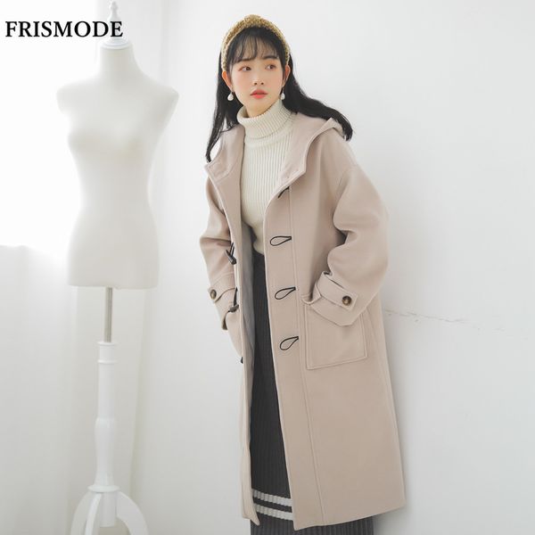 

hooded long sleeve horn button big pockets wide-waisted long woolen coat 2018 new winter women casual apricot wool blends coat, Black