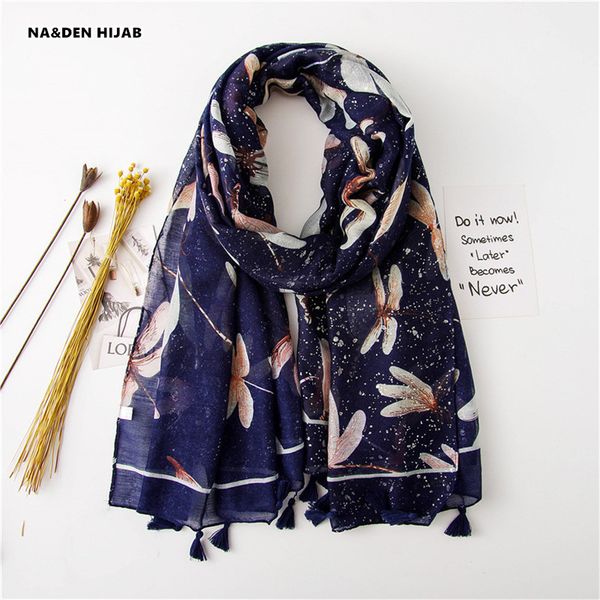 

2018 dragonfly print scarf tassel design silver stamting women shawl fashion brand islamic hijab scarfs soft scarves and shawls, Blue;gray