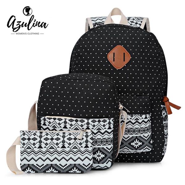 

azulina 3pcs casual print zipper type student backpack travel bag canvas backpacks shoulder messenger bag wrist wallet