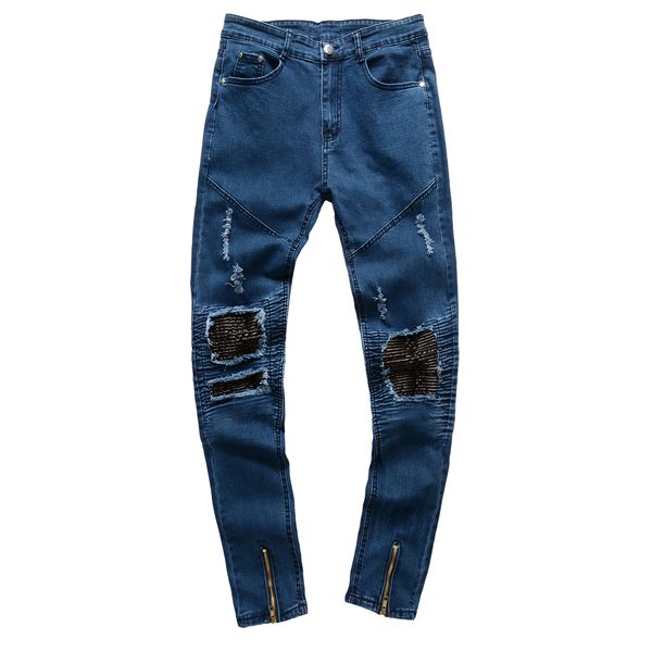 

new mens skinny jeans casual slim biker jeans denim knee holes hiphop ripped pants washed high quality, Blue
