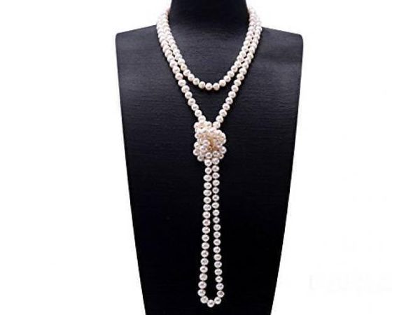 Ожерелье ручной работы, красивое, 7-8 мм, натуральная, белая, пресноводная, культивированная жемчужина, длина 165 см, модные украшения.