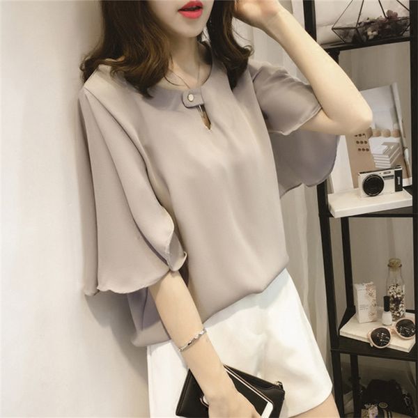 

2018 big yard women o-neck chiffon blouses half sleeve female shirt large size plus size feminina camisas blusas, White