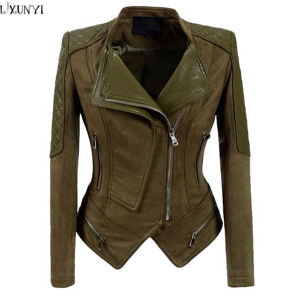 LXUNYI 2018 Autunno Inverno Giacca in pelle coreana Donna Verde militare Slim Breve Giacca da moto bella Donna Cappotto in pelle scamosciata da donna