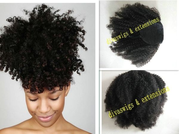 

beautiful short kinky curly pony tail natural color clip in vigin human hair drawstring ponytails hair extensions 100g-160g new arrival, Black