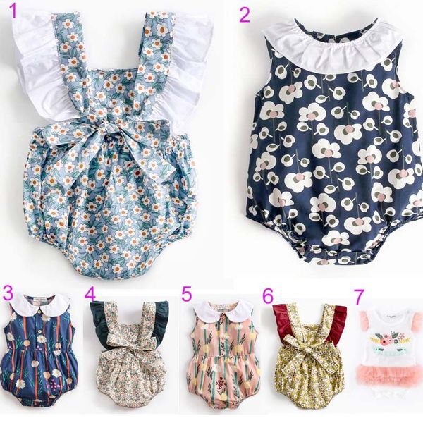 INS heiße Styles Baby Kinder Kleidung fliegender ärmelloser Strampler Blumendruck Strampler Runder Kragen Eleganter Sommer Strampler Neuer Sommer