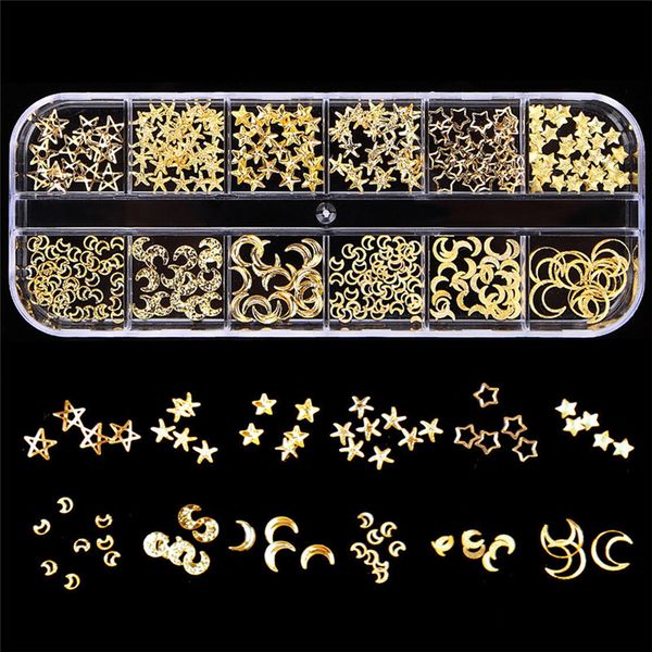 

12 gold nail rivet star moon pearl rhinestones design punk nail jewelry silver art decoration manicure accessories #288844, Silver;gold
