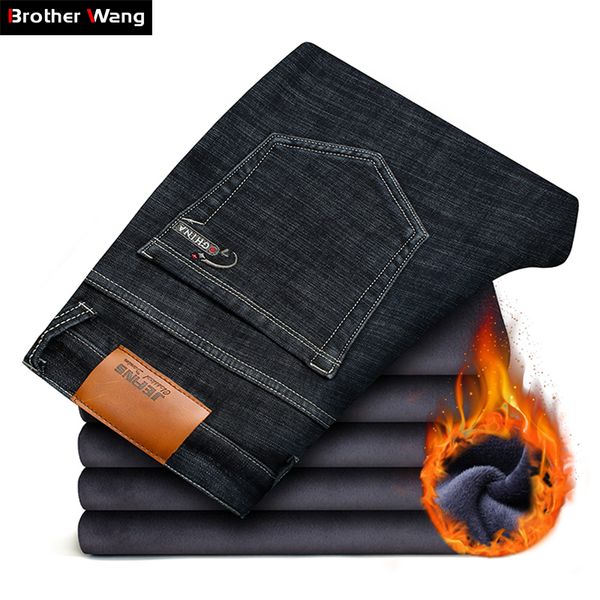 

2018 winter new men's warm black jeans elasticity slim fit thicken denim pants brand trousers male bule big size 38 40 42 44 46, Blue