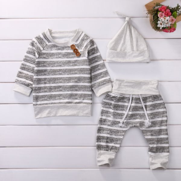 

3pcs/set baby clothing sets 2017 autumn baby boys clothes infant striped t-shirt+pants leggings 2pcs outfits set, White