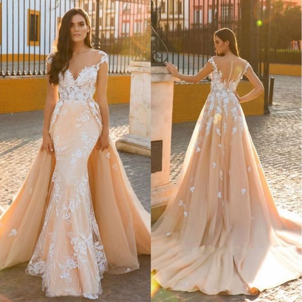 

designer detachable train mermaid bridal gown vintage applique 2020 scoop embroidery tulle 2 in 1 wedding dresses customize made