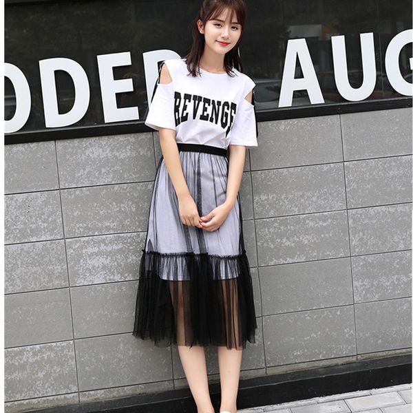 

smthma two piece set women letter long t-shirts+black mesh skirts sets summer female woman casual t shirts skirt suits, White