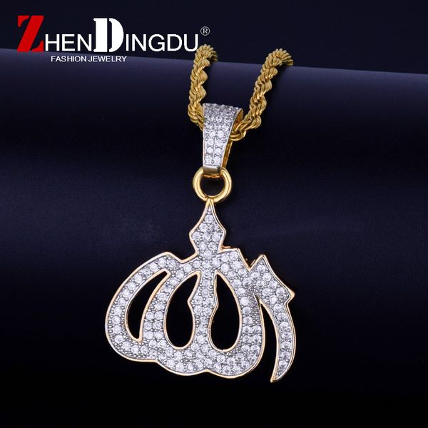 

iced out religious pendant god arabic pendan steel cuban chain gold color cubic zircon men's hip hop jewelry for gift, Silver
