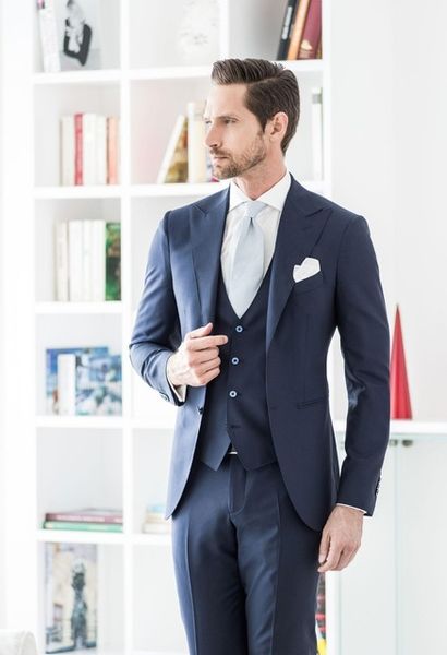 

fashion navy blue groom tuxedos excellent men wedding tuxedos peak lapel two button men formal busines party suit(jacket+pants+tie+vest)1994, Black;gray