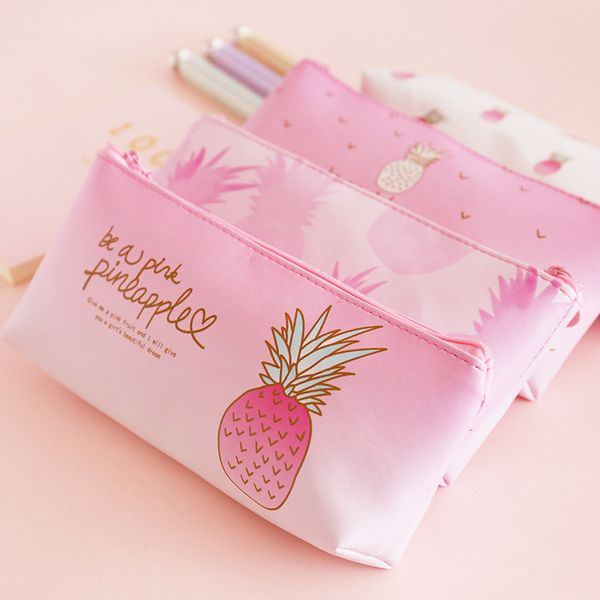 

kawaii pineapple pencil case for school cute strawberry pu leather storage pouch stationery pen bag school supplies