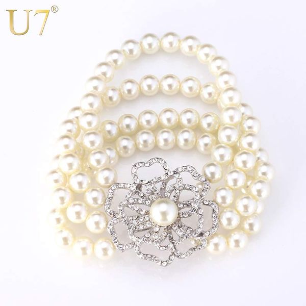 

u7 multi-layer white women pearl bracelet pearl fashion jewelry wholesale classic gift big flower strand bracelet h574, Black