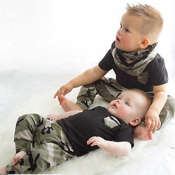 

summer toddler boys clothing set baby boys battle fatigues clothing set t-shirt and long pants outfits kids camouflage clothes, White