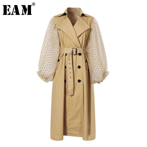 

eam] 2018 new autumn winter lapel long puff sleeve sashes dot mesh stitching loose long windbreaker women coat fashion jh394, Tan;black