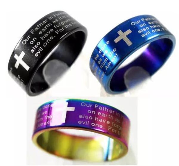 

English Lords Prayer Cross Stainless Steel Rings Mens Jewelry Cross Bible Ring Lovers Rings