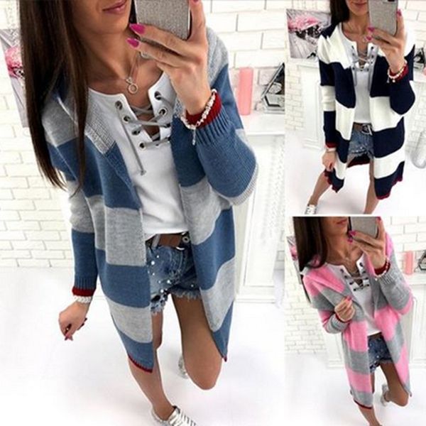 

2017 мода контраст цвета полосатый с длинным рукавом вязать кардиган повседневная длинные женщины свободные свитер лоскутное куртка, White;black