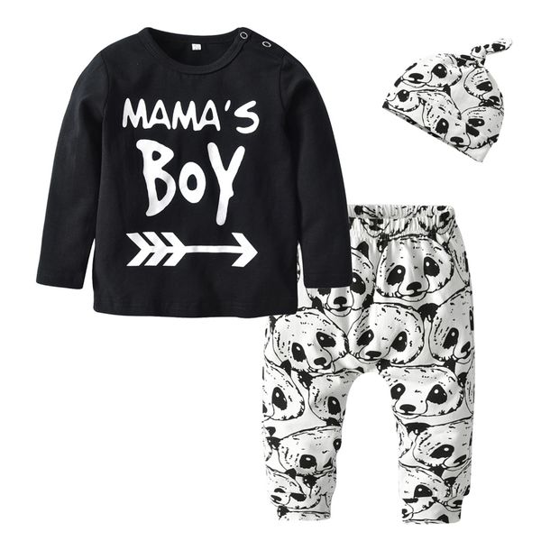 

3pcs newborn baby boy clothes outfits set cotton long sleeve mama's boy t-shirt cartoon panda pants and hat infant clothing, White