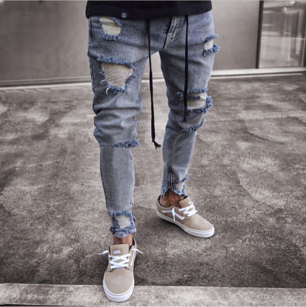 

High Street Jeans for Men Cool Wear Clothes Ripped Grey Long Pencil Pants Trousers
