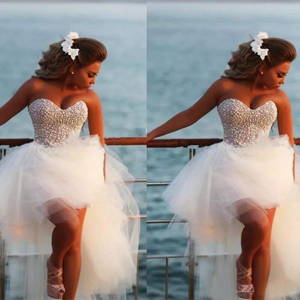 

Vestido De Noiva New Unique Pearls Sweetheart White Tulle Short Front Long Back Wedding Dress Beach Knee Length Bridal Gown