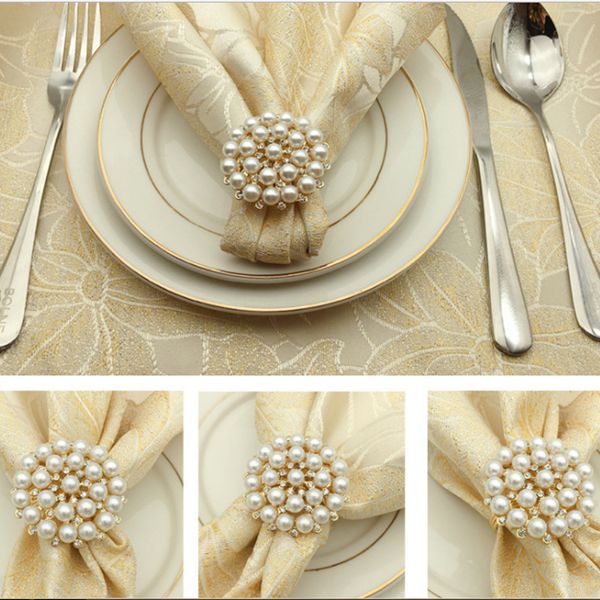 

12pcs shseja luxurious napkin l wedding supplies napkin ring gold plated diamond pearl buckle deskdecoration