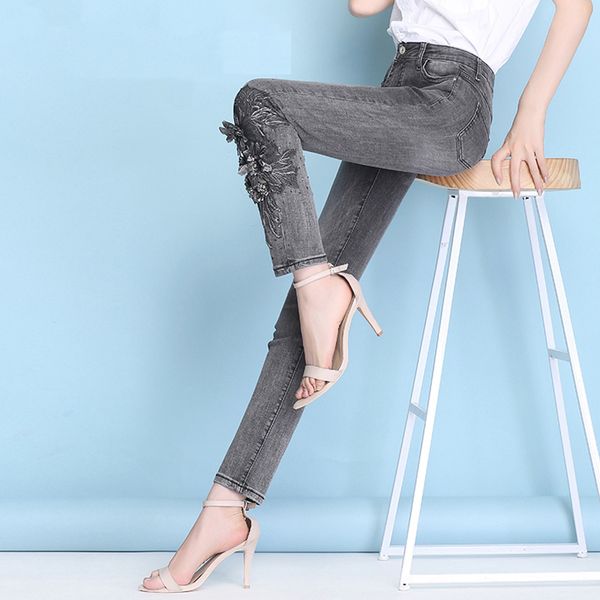 

autumn lace embroidered flares jeans women flower slim straight denim pants smoke gray female ankle-length trousers sequined, Blue