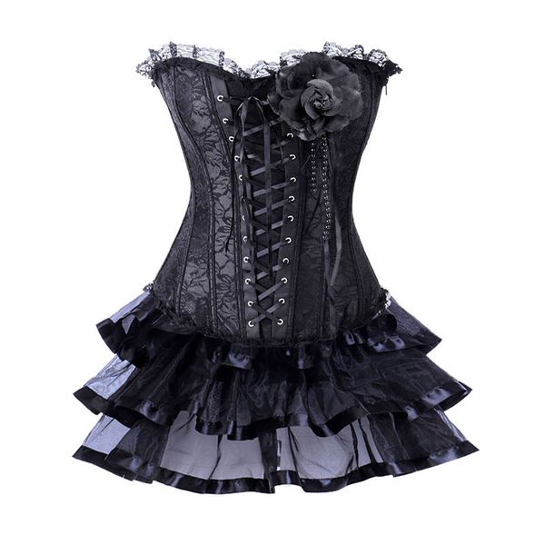 

black floral lace up korsett for women victorian costume burlesque corset skirt dress gothic clothing corsets and bustiers, Black;white