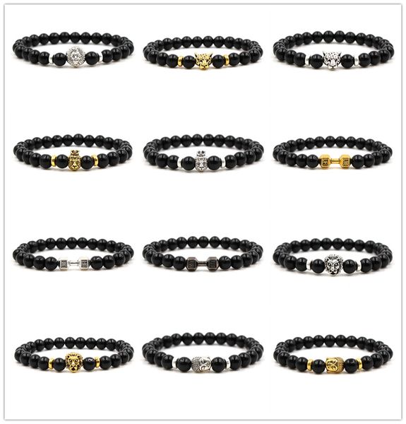 18 stili Buddha 8mm Birght Black Stone Beads Bracciale Vintage Silver Gold Lion Leopard Dumbbell Skull Charms Stretch Jewelry