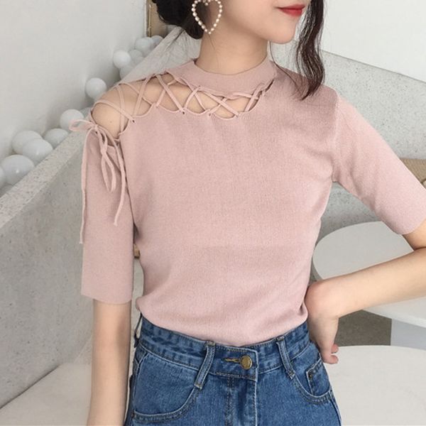 

summer t shirt irregular collar hollow knitted t-short sleeves tee shirt high elasticity women breathable tshirt harajuk, White