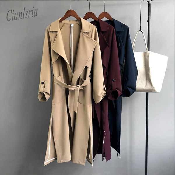 

2018 autumn trench with belt accpet waist long show thin solid color in the trench coat, Tan;black