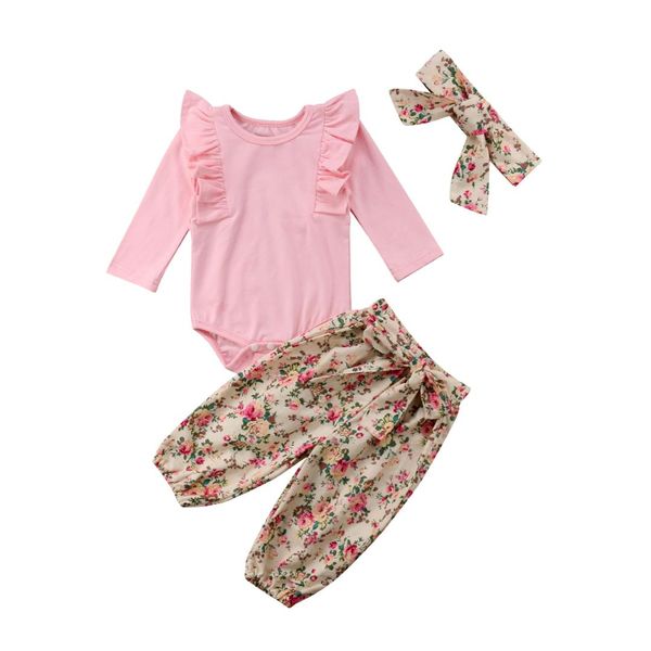 

lovely newborn baby girl ruffles long sleeve pink romper +floral bow long pant trouser headband 3pcs clothing set, White