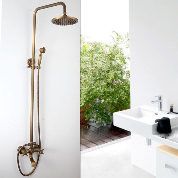 

hipping luxury new antique brass rainfall shower set faucet + tub mixer tap + handheld shower wall mounted gz-6005